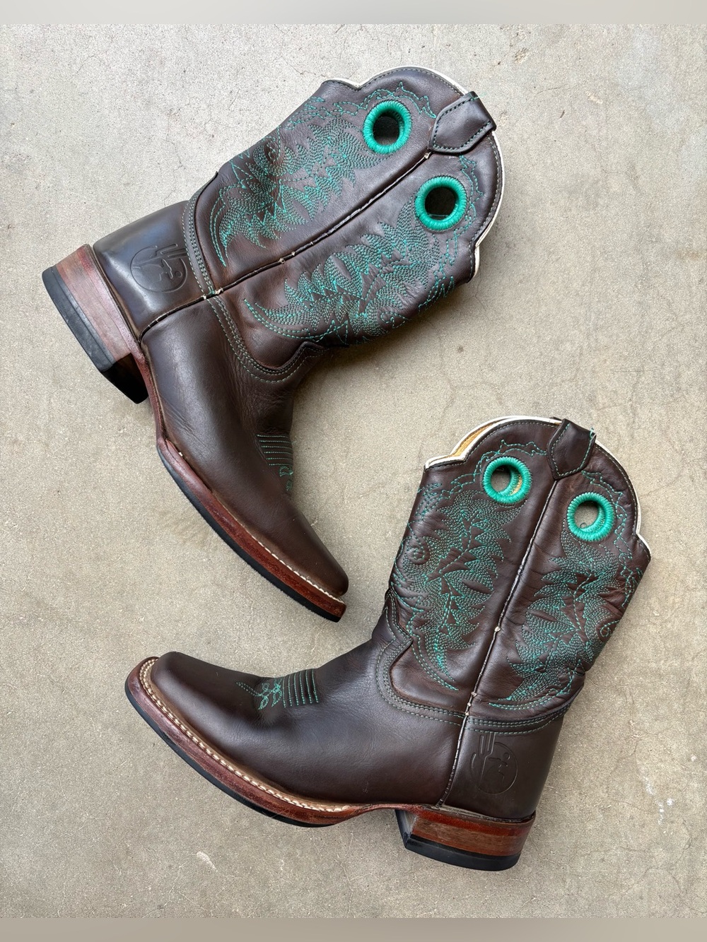 Reyme Leather Cowboy Boots Square Toe Brown Teal Embroidered 7 Women / 5.5 Men